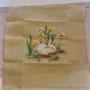 Vintage Pre worked Needlepoint Canvas Petit Point-Bunny Rabbit In Daffodils